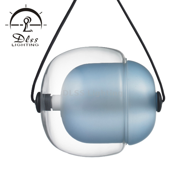 Suspension en verre avec abat-jour en verre bleu, suspension à LED